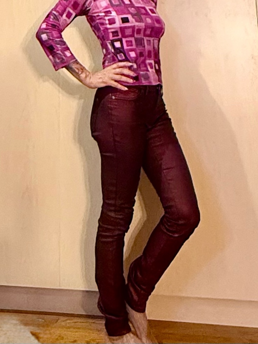 Jessica Simpson Burgundy Metallic Coated Skinny Jeans Size 25 Stretch Low Rise W